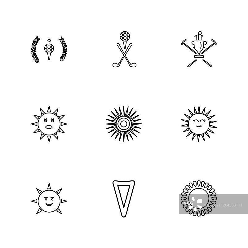 天气、体育、气候、高尔夫、太阳、球、高尔夫球棒、击球、射击、夏季、雪、云、雨、山丘、球车、球童、球位标志、图标、矢量、设计、扁平风格、创意图标合集图片素材