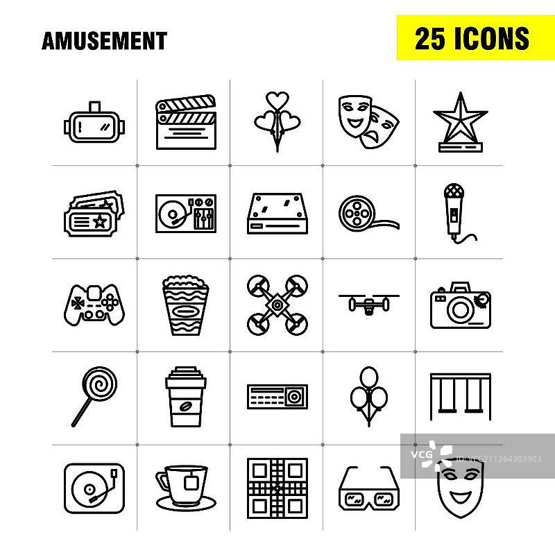 娱乐活动线性图标集，适用于信息图表、移动UX/UI套件和印刷设计。包括：自行车、骑行、运动、吉他、音乐、乐器，EPS 10 - 矢量图片素材