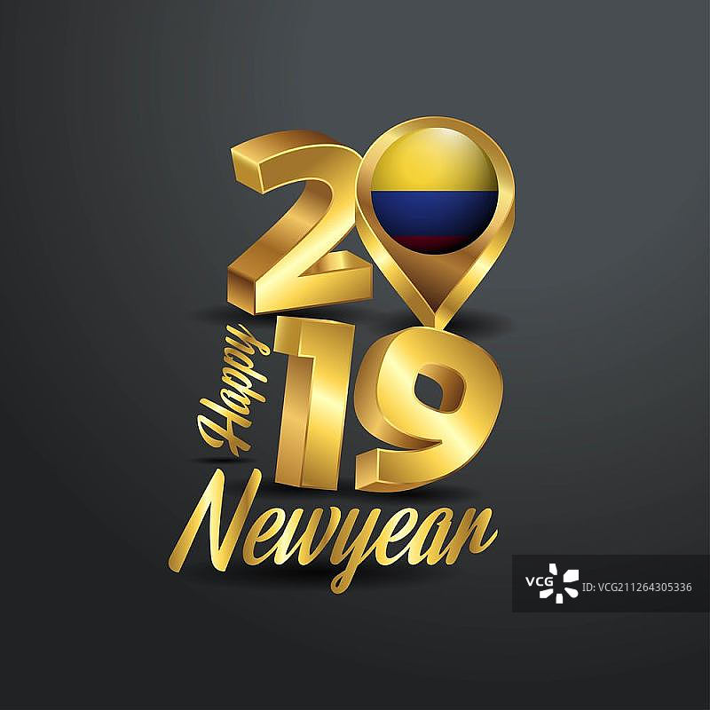 2019新年快乐金色排版与哥伦比亚国旗定位图标。国家旗帜设计图片素材