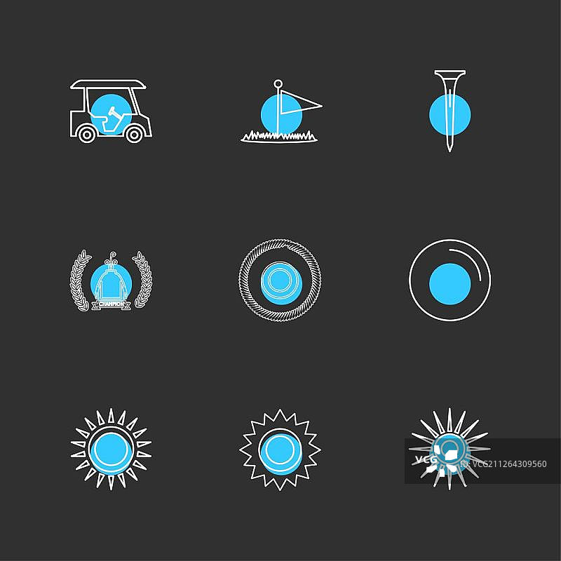 天气、体育、气候、高尔夫、太阳、球、高尔夫球棒、击球、射击、夏季、雪、云、雨、山丘、球车、球童、球位标志、图标、矢量、设计、扁平风格、创意图标合集图片素材