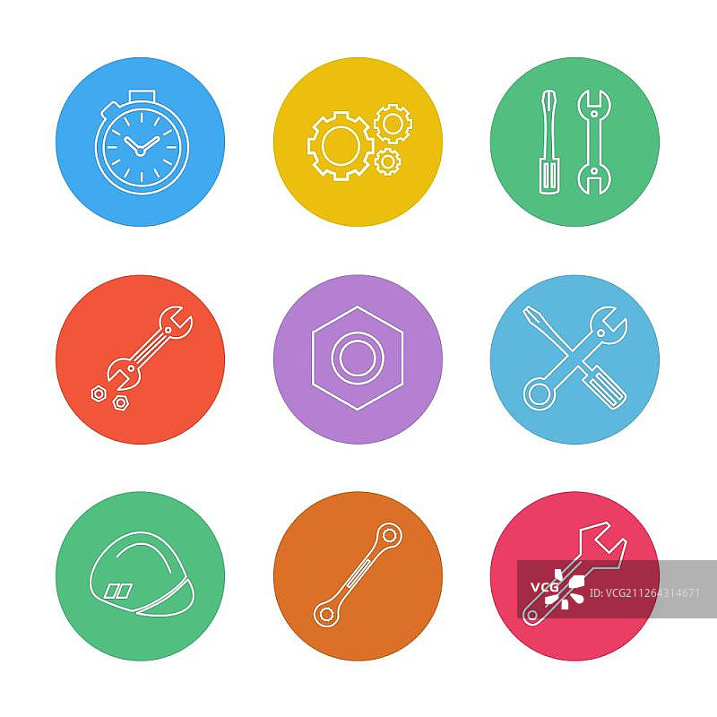 螺母、螺丝刀、扳手、秒表五金工具图标合集图片素材