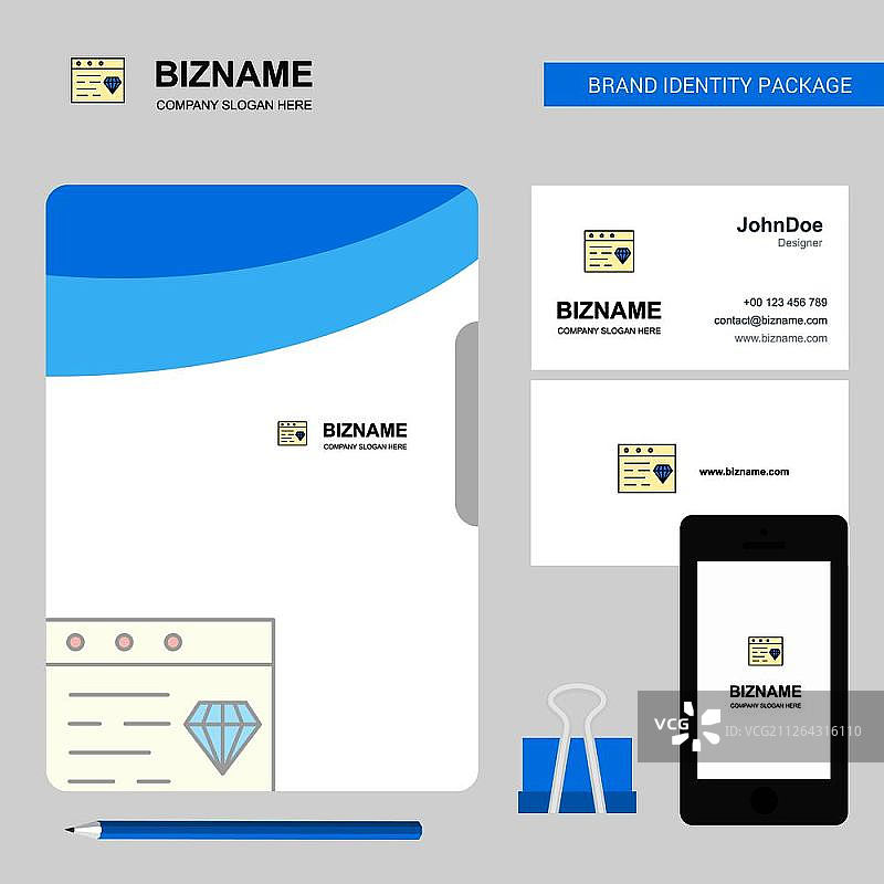 网站上的珠宝商业Logo、文件封面名片和手机App设计矢量插画图片素材