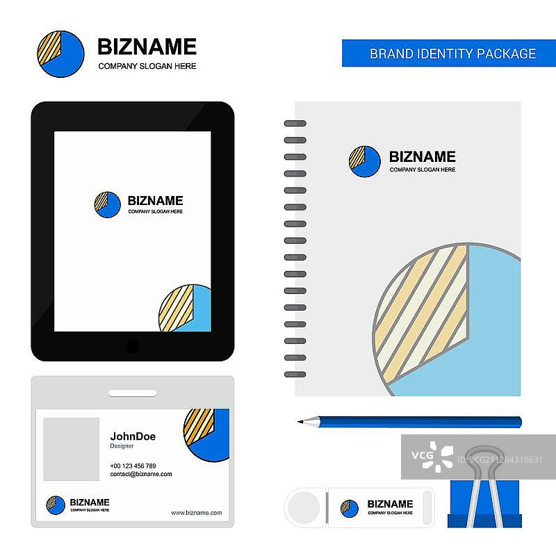 图表商业Logo、标签应用、日记PVC员工卡和USB品牌文具套装设计矢量模板图片素材