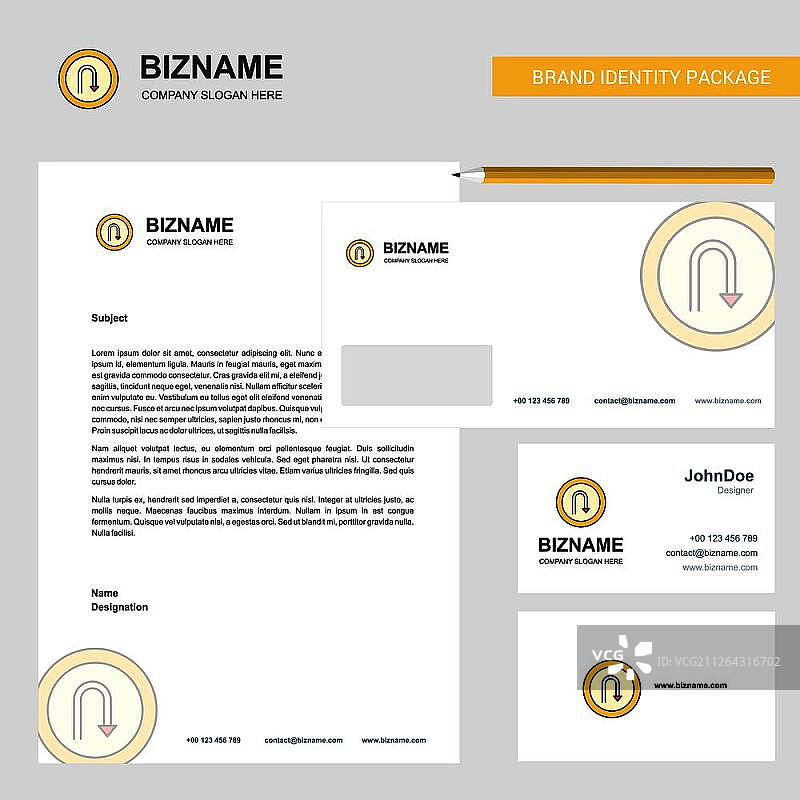 U形转弯道路标志，商务信笺抬头、信封和名片设计矢量模板图片素材