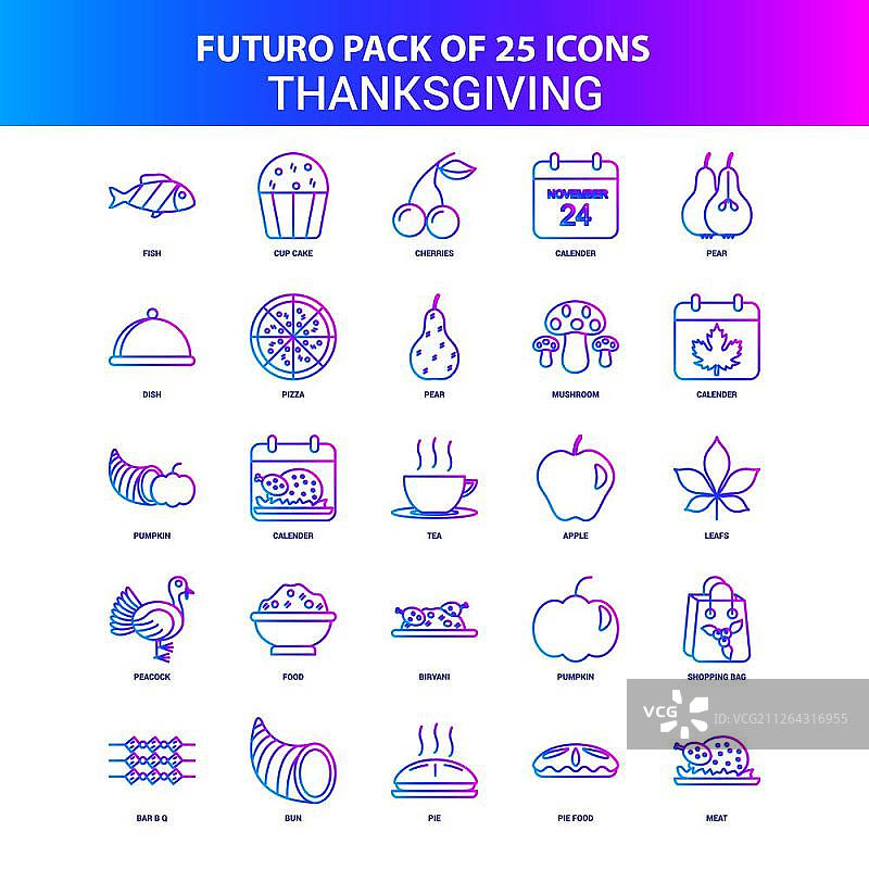 25个蓝色和粉色Futuro感恩节图标包图片素材
