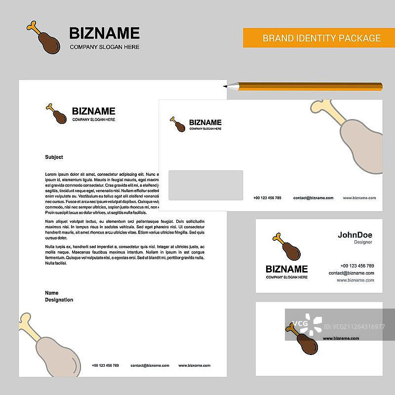 棒棒鸡名片、信封和访客卡设计矢量模板图片素材