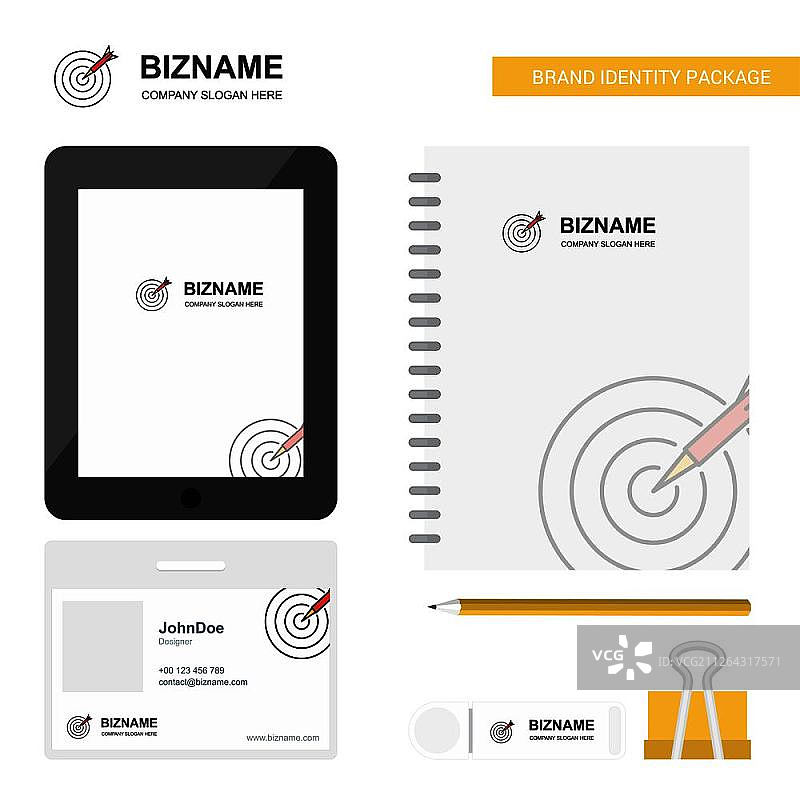 飞镖商务Logo、Tab App、日记PVC员工卡和USB品牌文具套装设计矢量模板图片素材