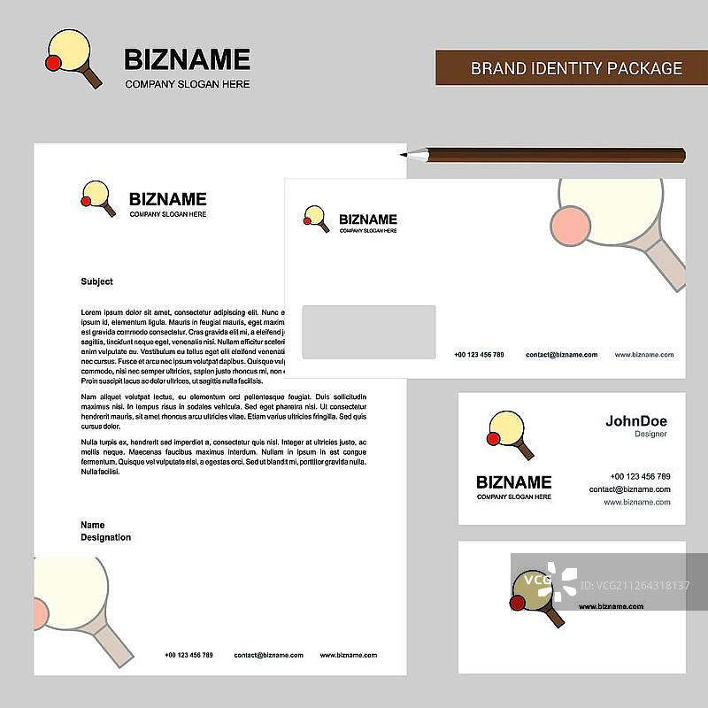 乒乓球拍商业信笺、信封和名片设计矢量模板图片素材