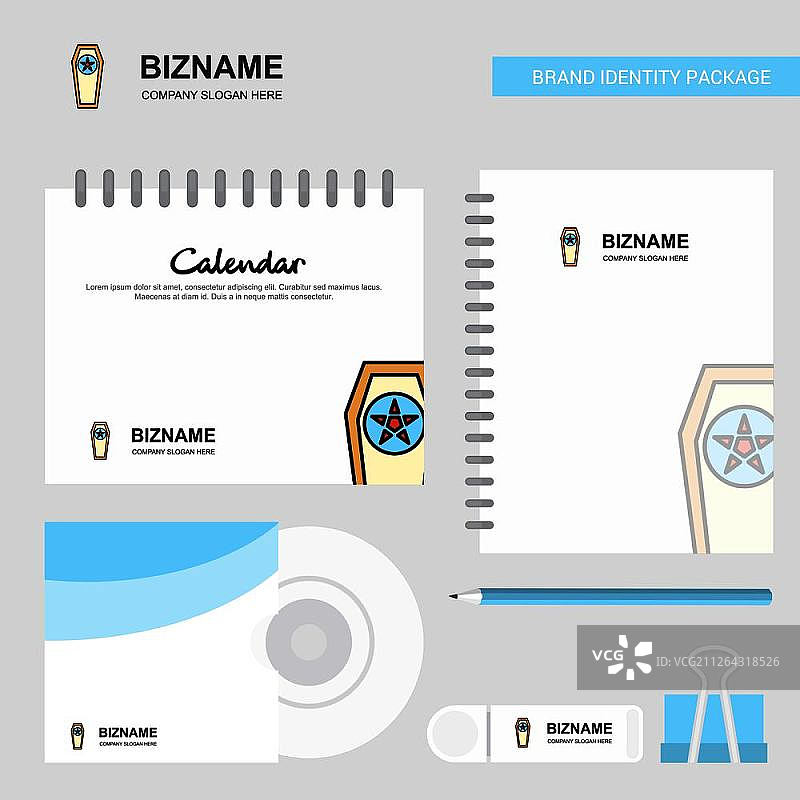 棺材Logo、日历模板、CD封面、日记和USB品牌文具套装设计矢量模板图片素材