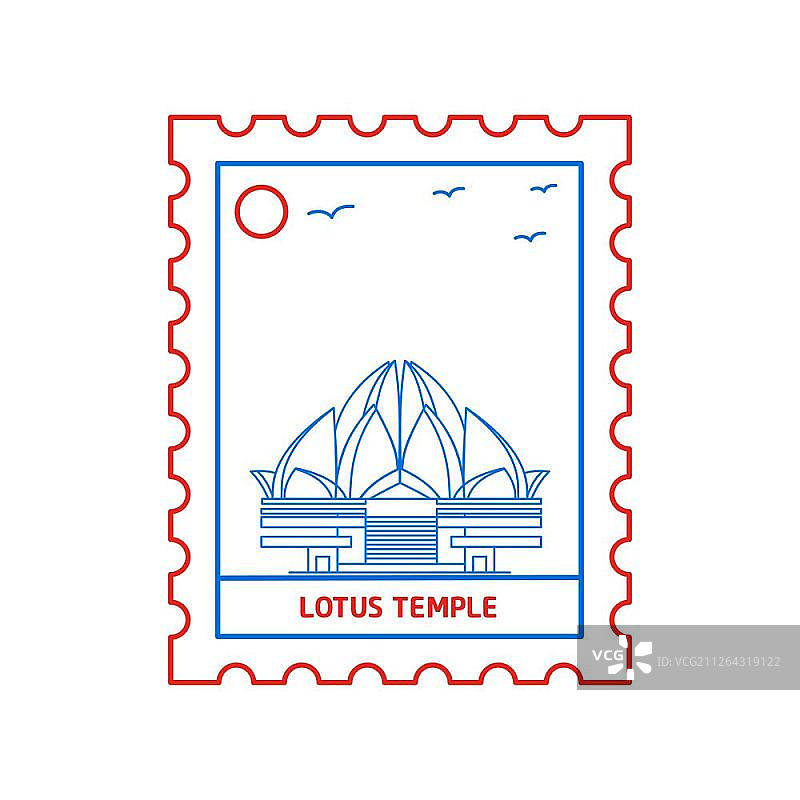 莲花寺邮票，蓝红线条风格，矢量图图片素材