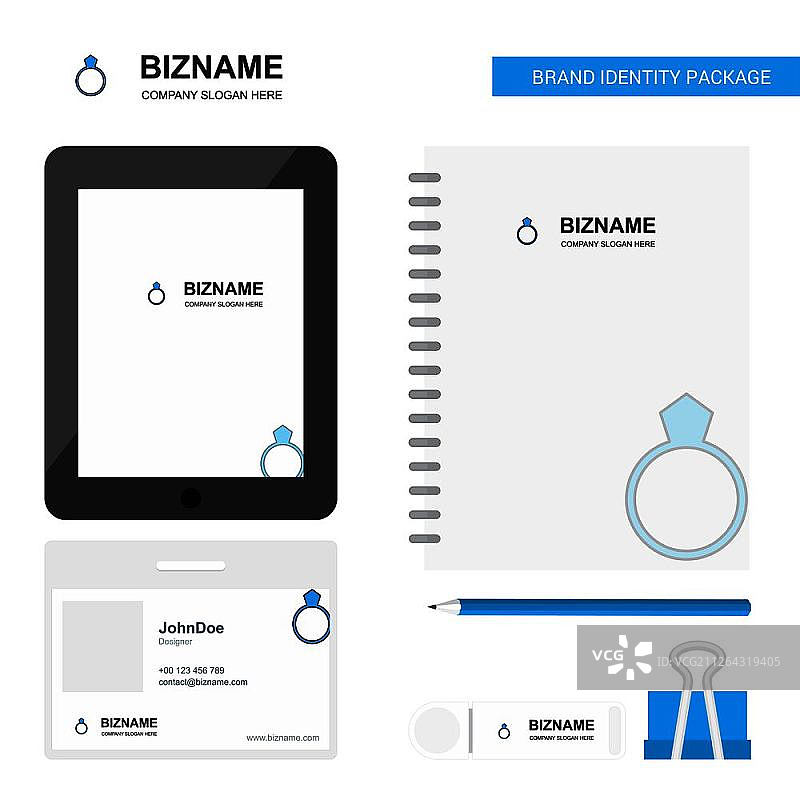 戒指商业Logo、Tab应用、日记本PVC员工卡和USB品牌文具套装设计矢量模板图片素材