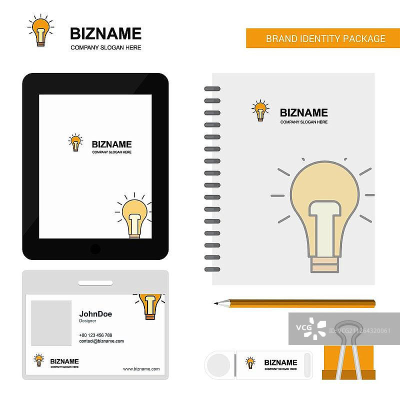 灯泡商业Logo、Tab App、日记PVC员工卡和USB品牌文具套装设计矢量模板图片素材