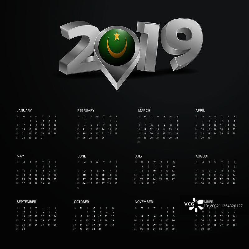 2019年日历模板：毛里塔尼亚地图灰色排版图片素材
