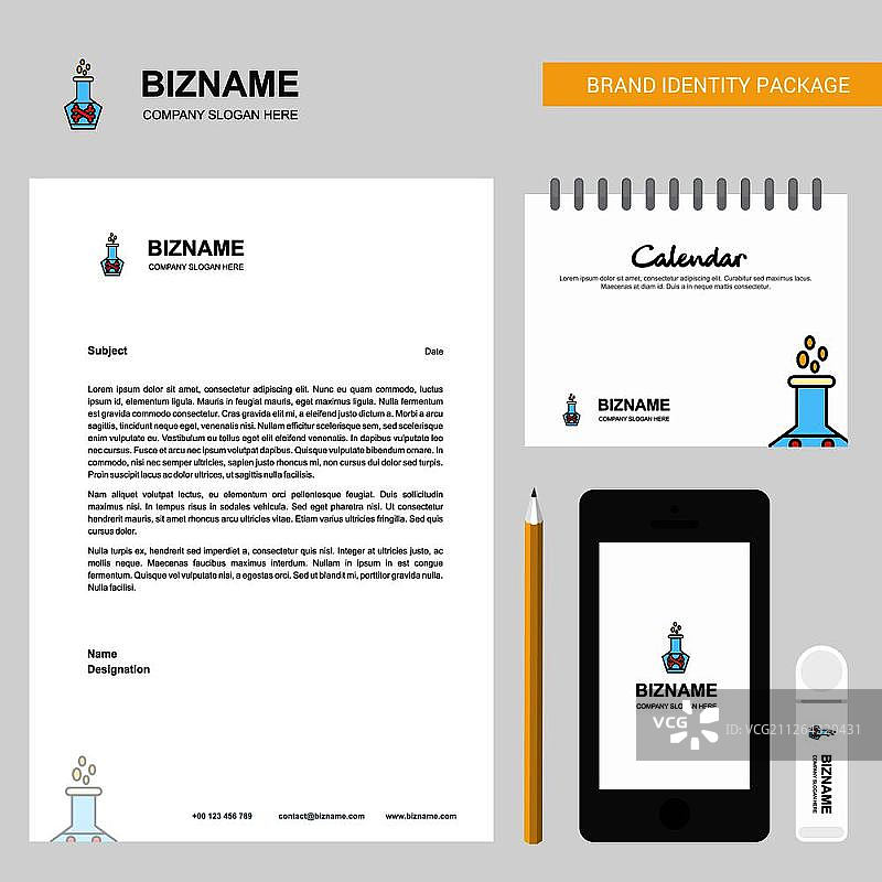 烧杯商业信笺、2019年日历和移动应用设计矢量模板图片素材