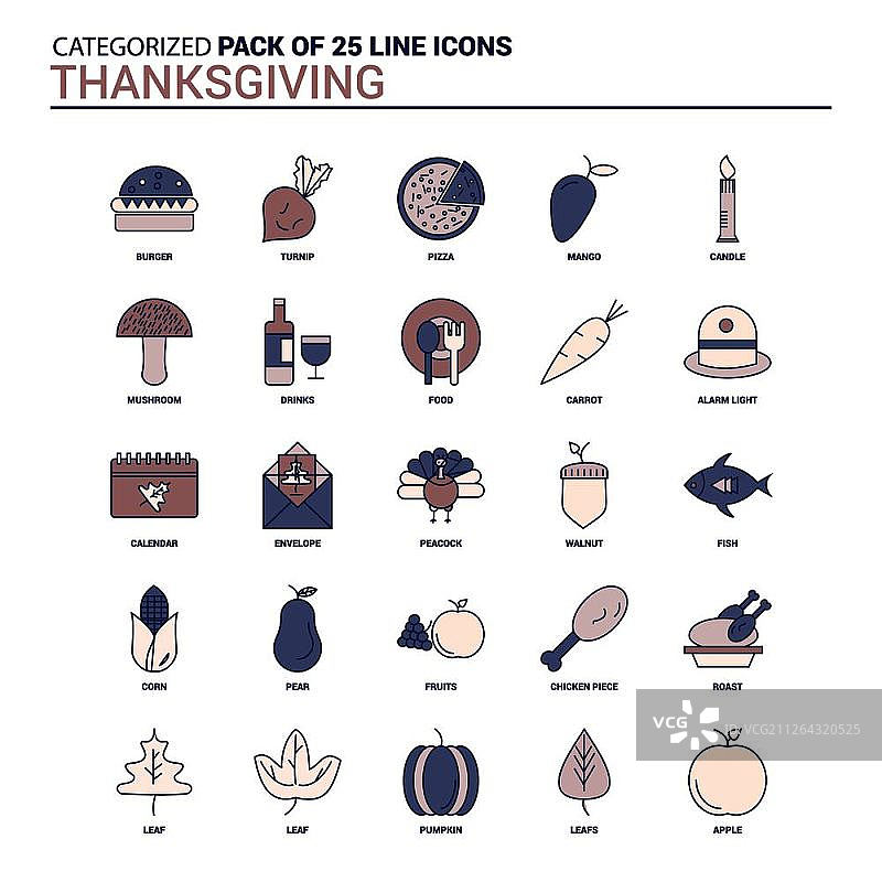 老式感恩节图标集 - 25个扁平线条图标集图片素材