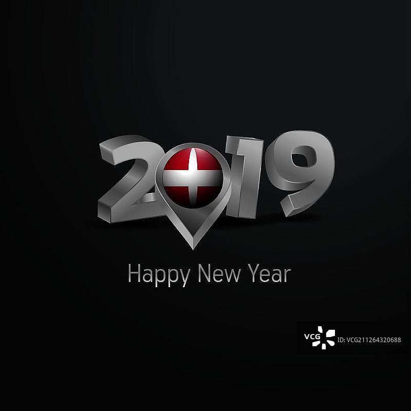 2019年新年快乐灰色字体与马耳他骑士团旗帜位置别针。图片素材