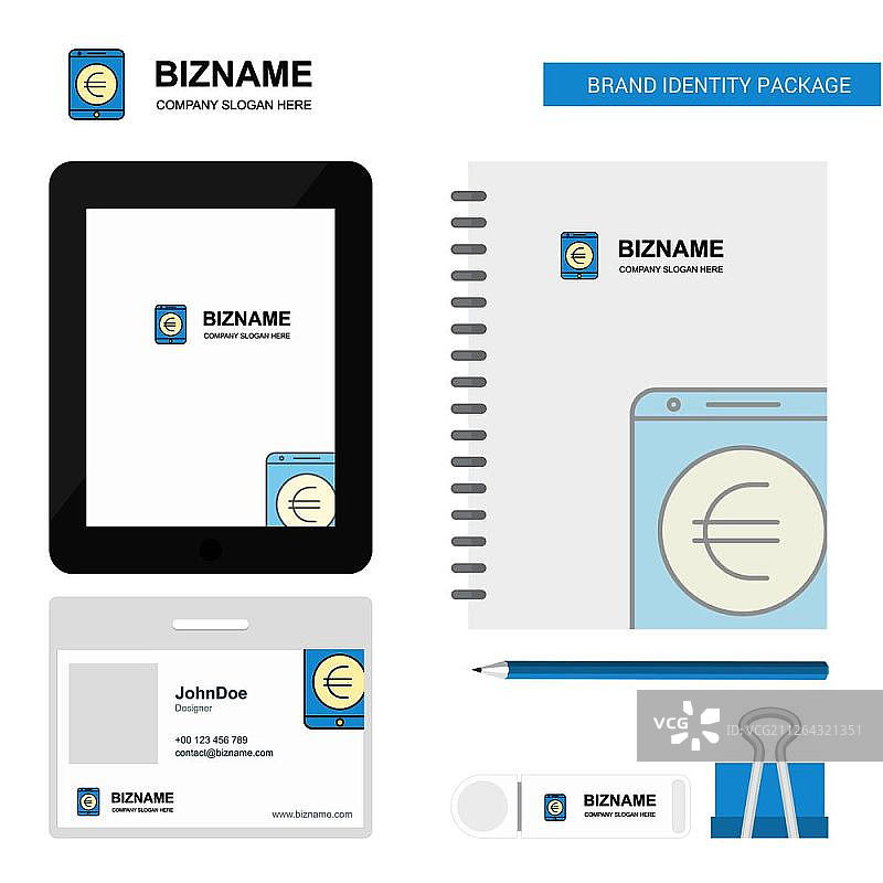 欧元商务Logo、Tab App、日记PVC员工卡和USB品牌文具套装设计矢量模板图片素材