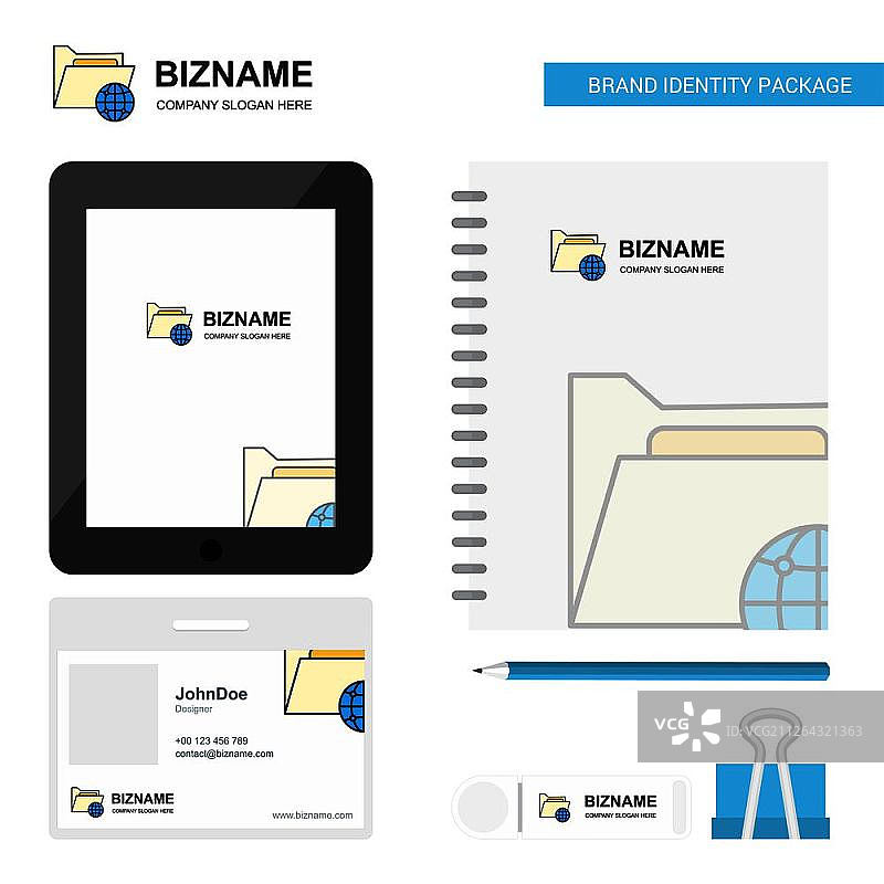 共享文件夹商业Logo，标签应用，日记PVC员工卡和USB品牌文具套装设计矢量模板图片素材