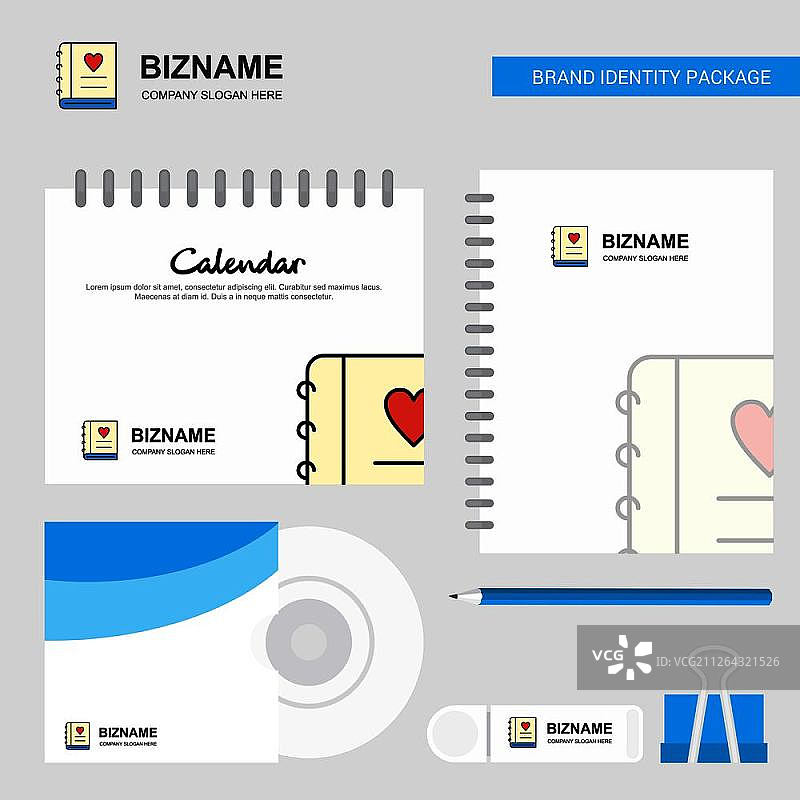 爱心日记Logo、日历模板、CD封面、USB品牌文具套装设计矢量模板图片素材