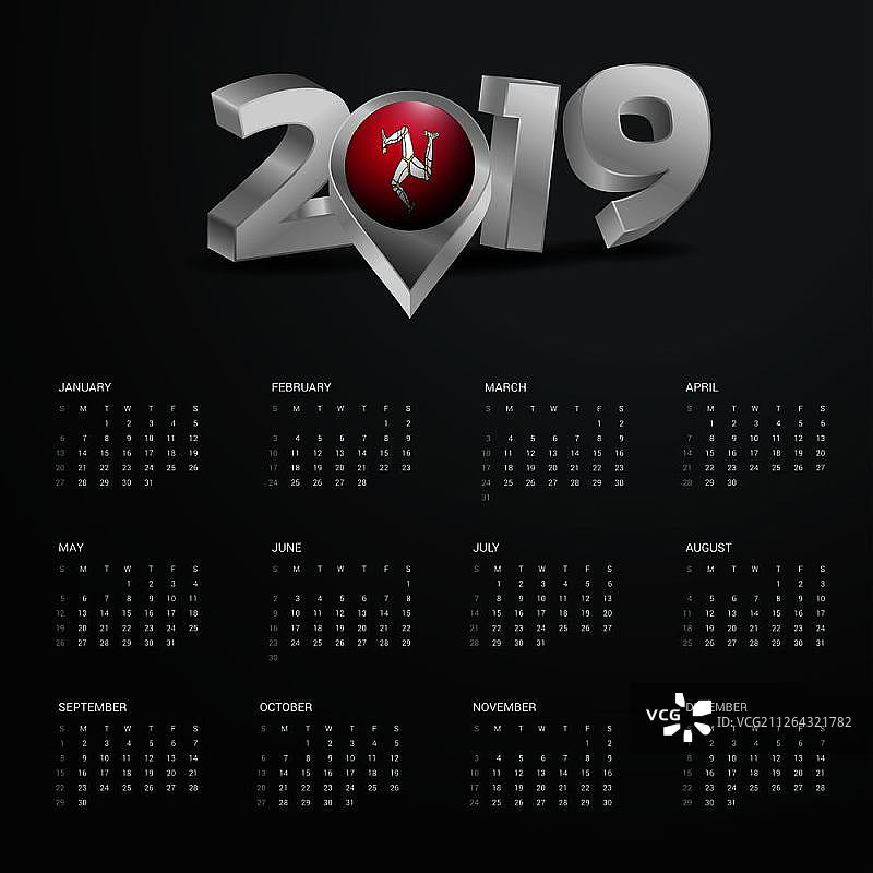 2019年日历模板，灰色字体马恩岛地图，金色标题图片素材