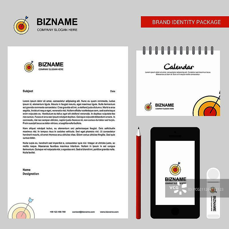 飞镖商务信笺、2019年日历和移动App设计矢量模板图片素材