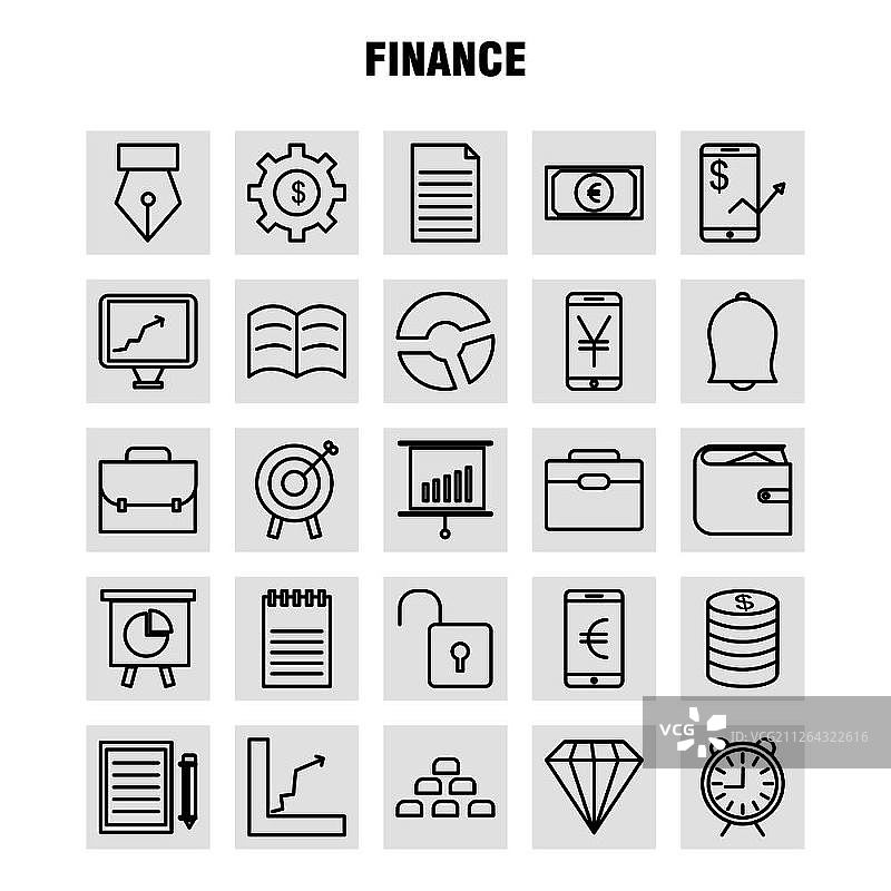 金融线性图标集（信息图表、移动UI/UX套件和印刷设计）：包含美元、货币、票据、卢比、除法、数学、加号、减号等 - 矢量图片素材