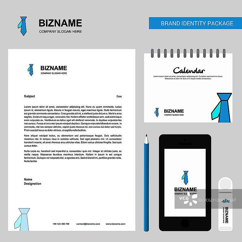 领带商务信头、2019年日历和移动应用程序设计矢量模板图片素材