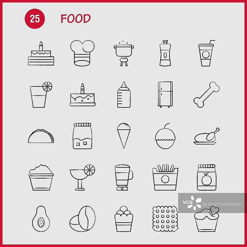 手绘食品图标集，适用于信息图表、移动UI/UX套件和印刷设计，包含茶、咖啡、食物、餐点、胡椒粉、盐等矢量元素图片素材