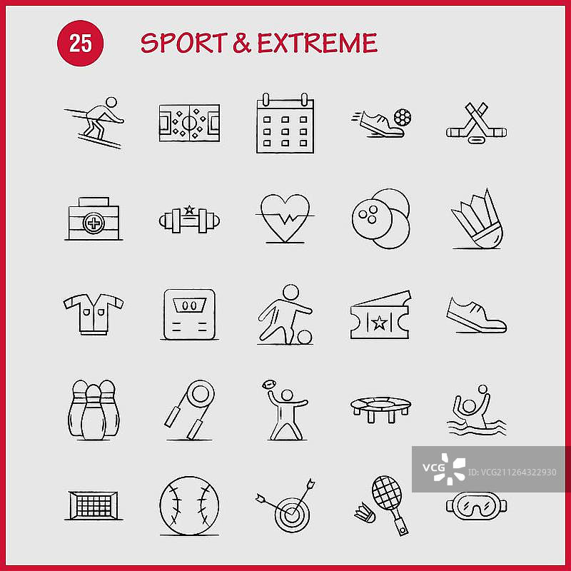 手绘运动极限图标合集，适用于信息图表、移动UX/UI套件和印刷设计：包括足球、球、网等矢量图标图片素材