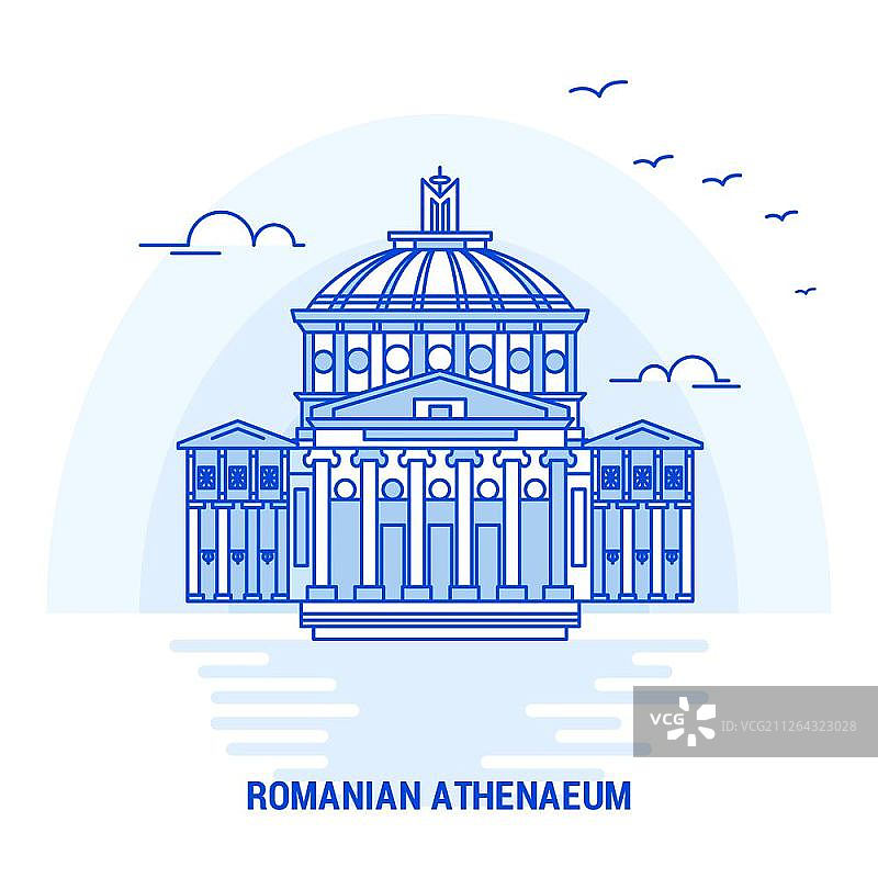 罗马尼亚雅典神庙蓝色地标。创意背景和海报模板图片素材