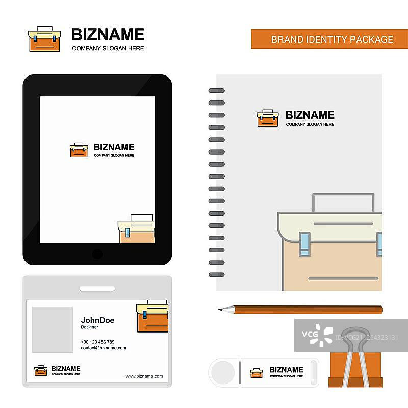 公文包商业Logo、Tab App、日记PVC员工卡和USB品牌文具套装设计矢量模板图片素材