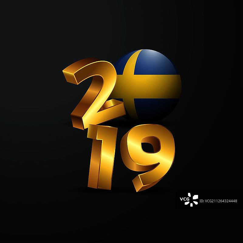 2019年金色字体与瑞典国旗，新年快乐字样图片素材