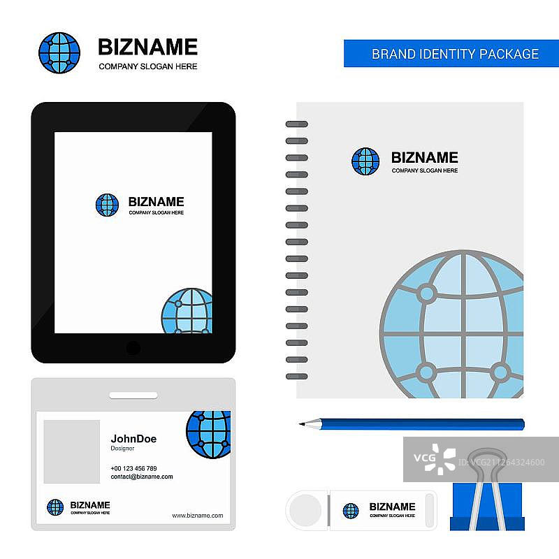 地球商业Logo、Tab应用、日记PVC员工卡和USB品牌文具套装设计矢量模板图片素材