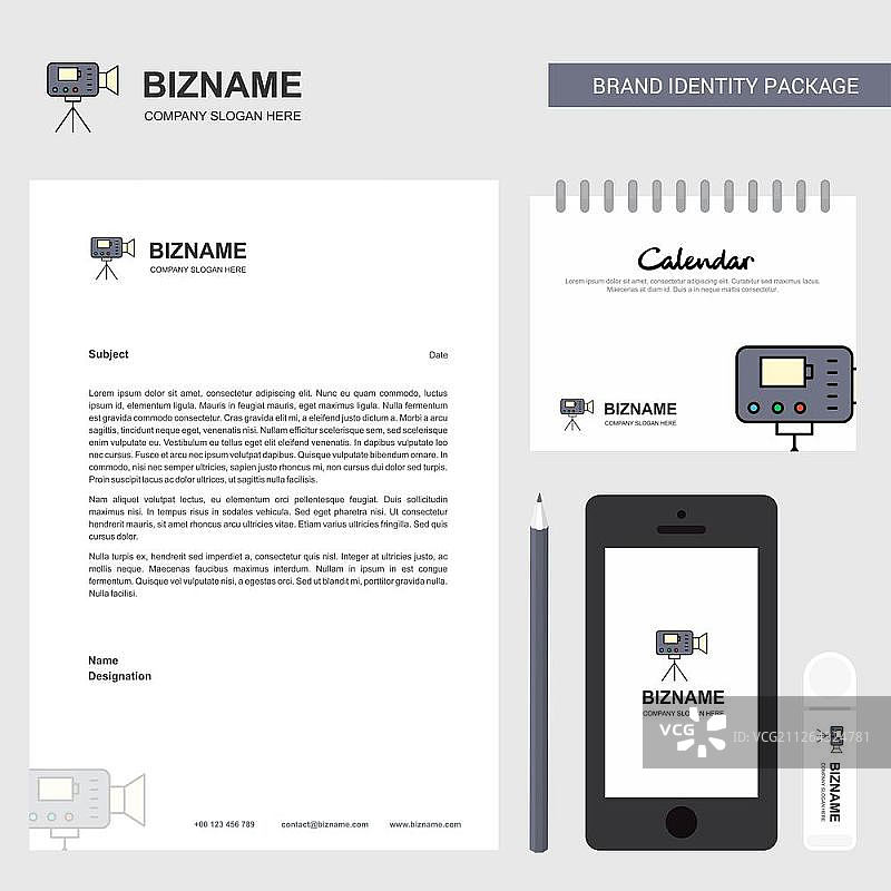 摄像机商业信笺、2019年日历和移动App设计矢量模板图片素材