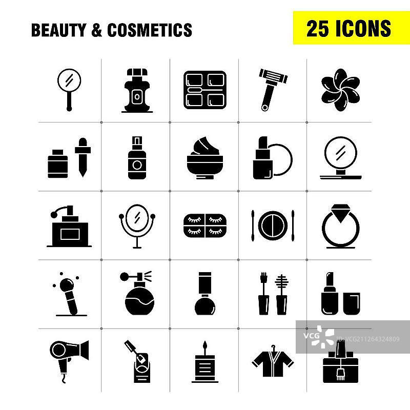美容化妆品图标集，适用于信息图表、移动UX/UI套件和印刷设计。包括：面部、粉底、液体、化妆、刷子、美容，图标集 - 矢量图片素材