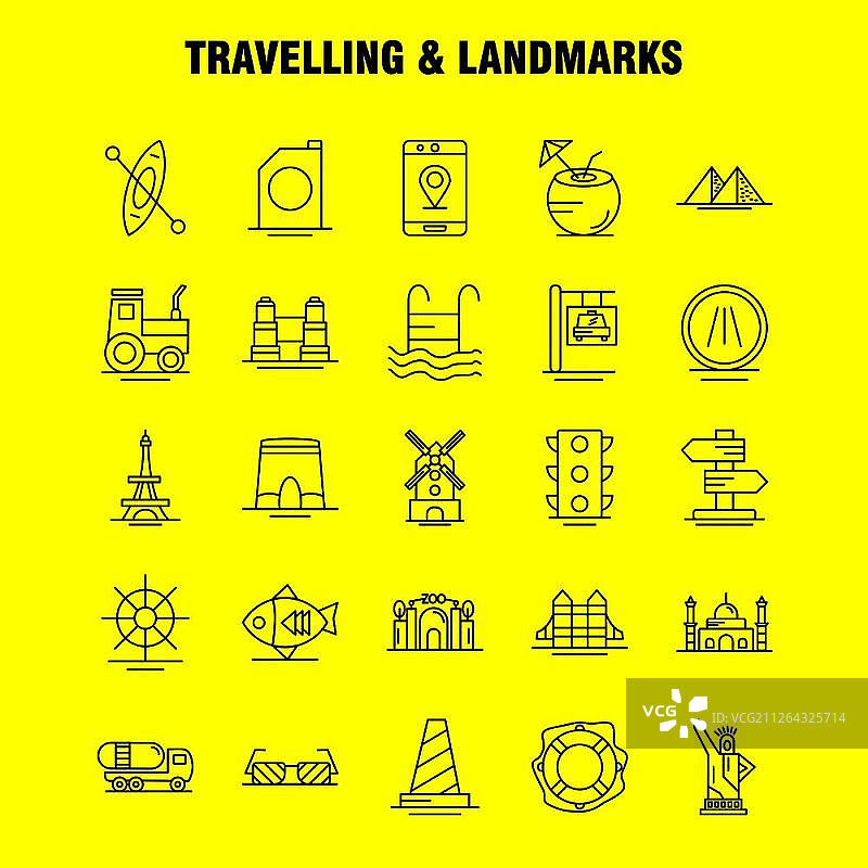 Web、Print和Mobile UX/UI工具包的旅行和地标线性图标：鱼、海鲜、鲷鱼、食物、拱门、地标、旅行、象形图包 - 矢量图片素材