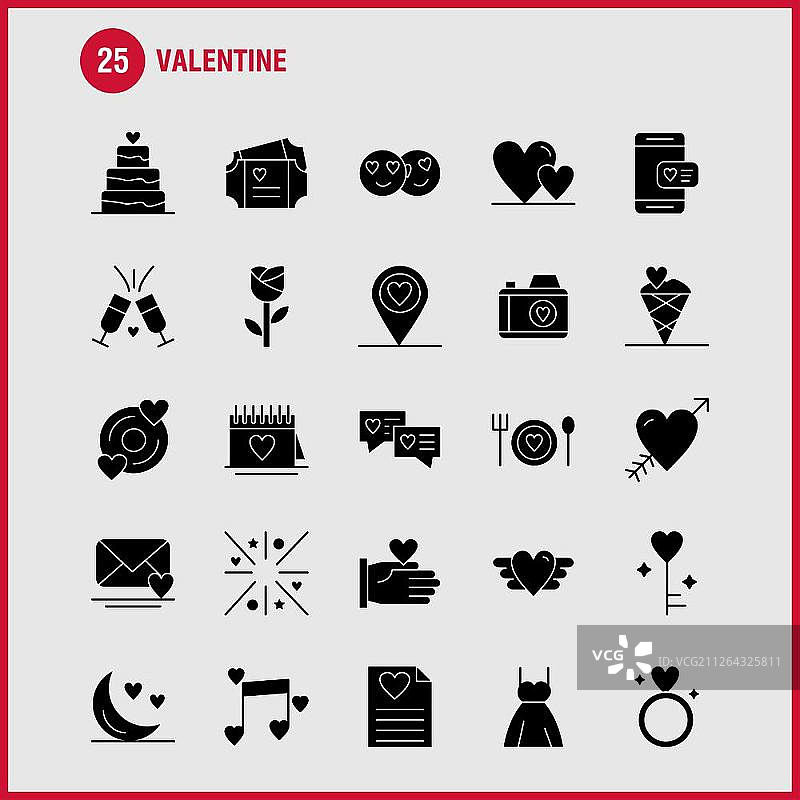 情人节实心字形图标集，适用于信息图表、移动UX/UI套件和印刷设计，包括：CD、磁盘、爱心、情人节、浪漫、手、爱心、情人节、图标集 - 矢量图片素材