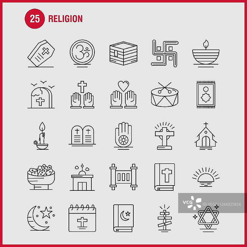 用于信息图表、移动UX/UI套件和印刷设计的宗教线条图标集图片素材