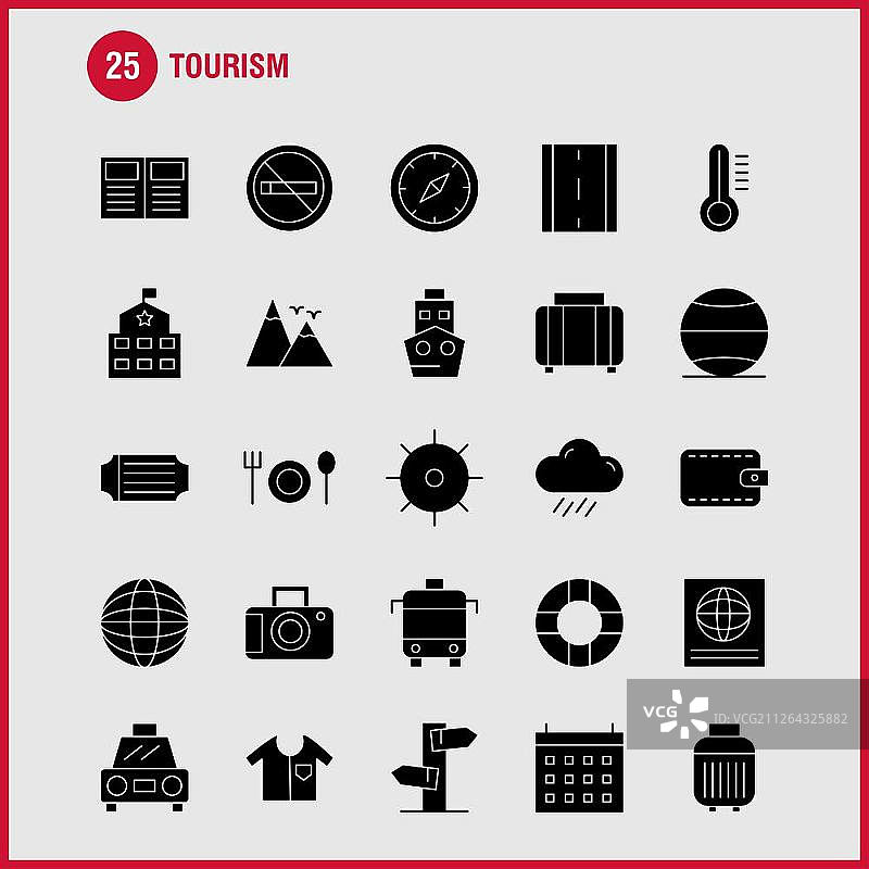 设计师和开发人员的旅游实体字形图标包。包含温度、温度计、天气、禁止吸烟、旅游、旅行、吸烟矢量图标图片素材