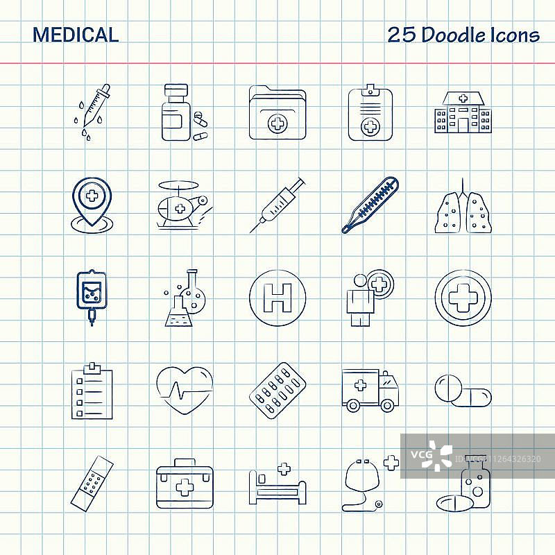 25个医疗涂鸦图标手绘商务图标合集图片素材