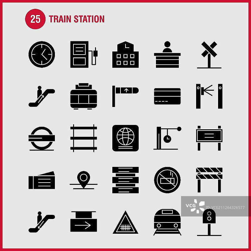 火车站实体字形图标集（信息图表、移动UX/UI套件和印刷设计），包括：入口、铁路、车站、地铁、火车、铁路、铁路、标志、图标集 - 矢量图片素材