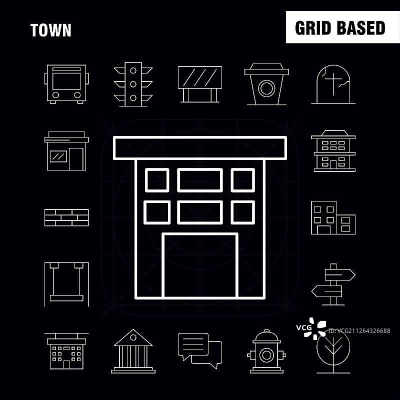 城镇线条图标，适用于信息图表、移动UI/UX套件和印刷设计：包括位置、地图、教堂、房屋、公园、游乐场等矢量图标图片素材