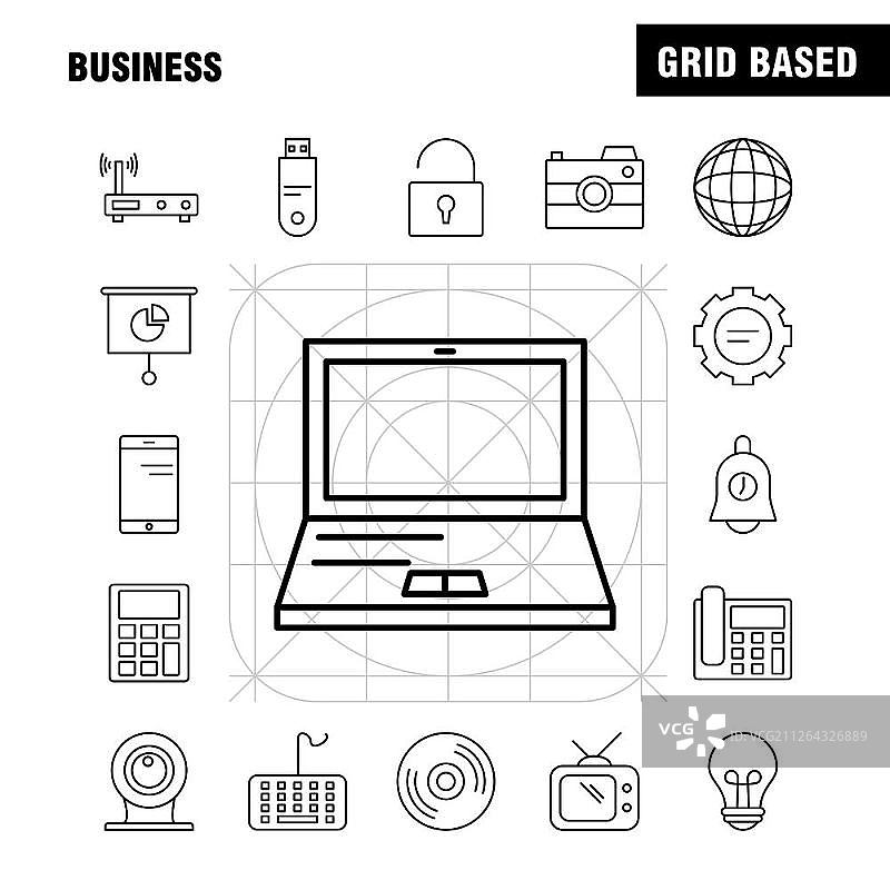 用于Web、印刷和移动UX/UI套件的商业线性图标：数学、计算器、金融、自动取款机、信用卡等矢量图图片素材