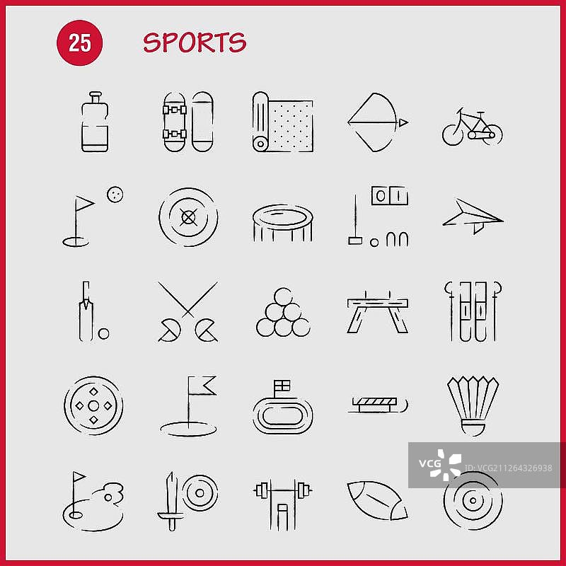 为设计师和开发者准备的运动手绘图标包：垫子、运动、瑜伽、台球、斯诺克矢量图标图片素材