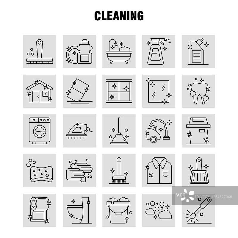 清洁线性图标集，适用于信息图表、移动UI/UX套件和印刷设计。包括：刷子、清洁、擦洗、柱塞、洗手间、马桶、工具，图标集 - 矢量图片素材