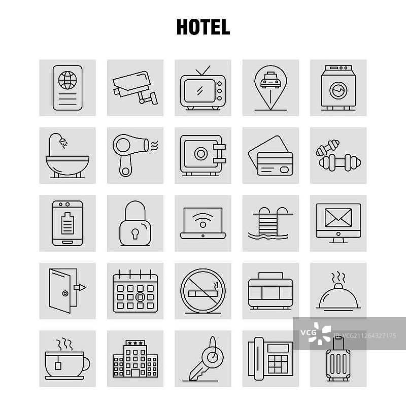 酒店线性图标集，适用于信息图表、移动UX/UI套件和印刷设计。包含：入住、退房、门、酒店、手机、单元、图标集-矢量图片素材