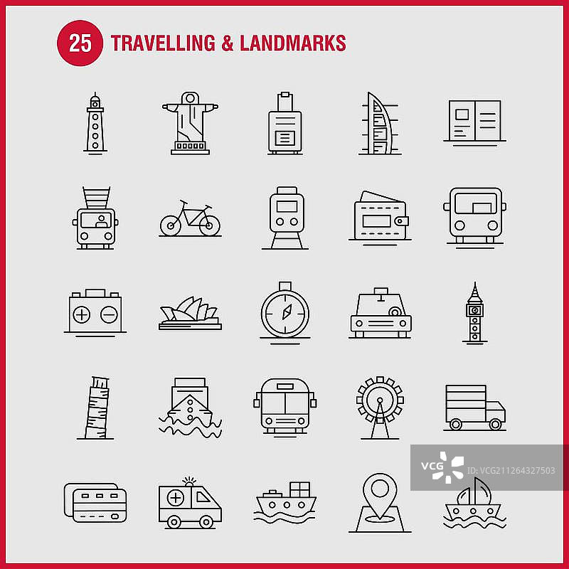 旅行与地标线性图标，适用于网页、印刷和移动设备用户界面套件。例如：卡片、信用卡、钱包、现金、象形图包 - 矢量图片素材