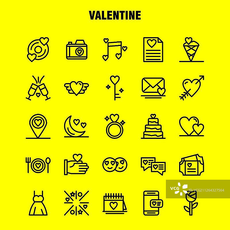 情人节线性图标合集，适用于信息图表、移动UI/UX套件和印刷设计。包含：CD、磁盘、爱、情人节、浪漫、手、爱、情人节、图标集 - 矢量图片素材