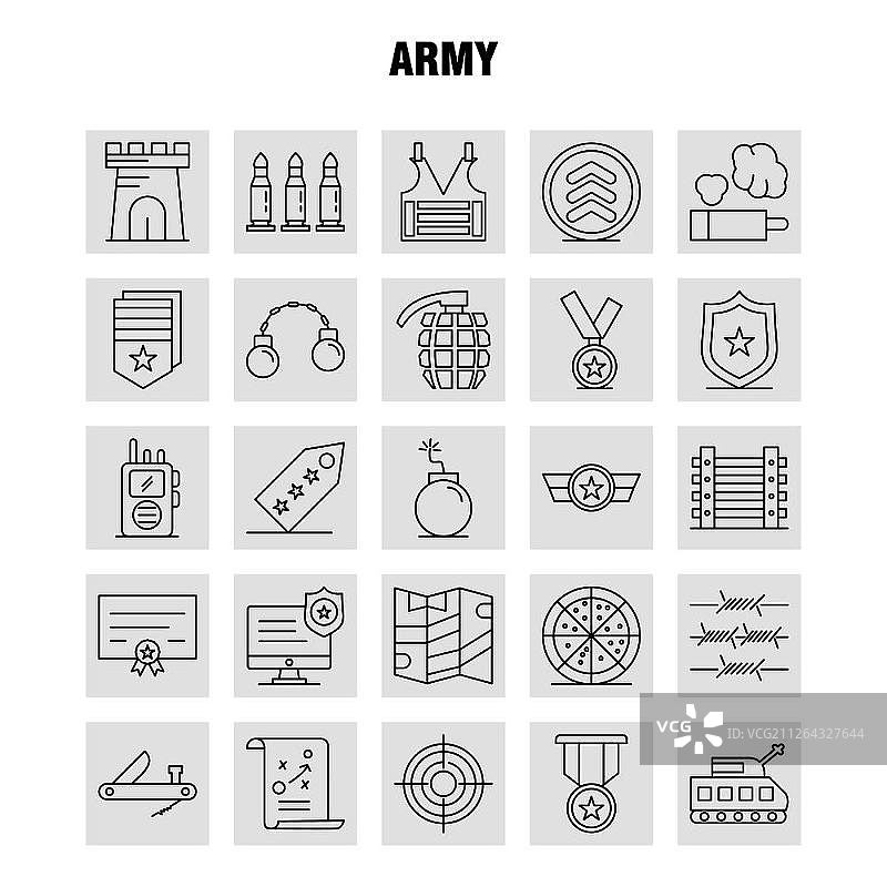 陆军线条图标集，适用于信息图表、移动UX/UI工具包和印刷设计：包括显示器、徽章、执法、法律、军队、带刺铁丝网等矢量图标图片素材