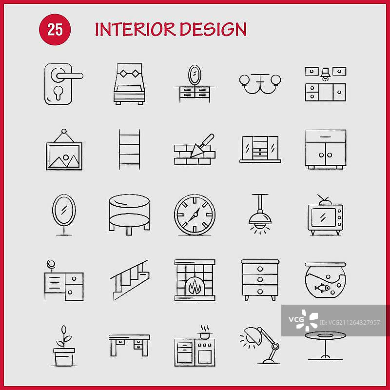 手绘室内设计图标集，用于信息图表、移动UI/UX套件和印刷设计：卧室、橱柜、家具、房屋、衣柜、电视、房屋，图标集 - 矢量图片素材